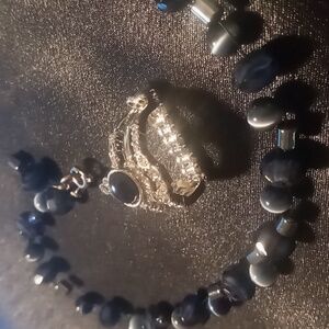 Navy blue glass beaded on black wire collar necklace with statement ring